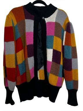 Vintage Aziza Wool Blend Cardigan Colorful Patchwork Womens OSFM Artsy Eclectic